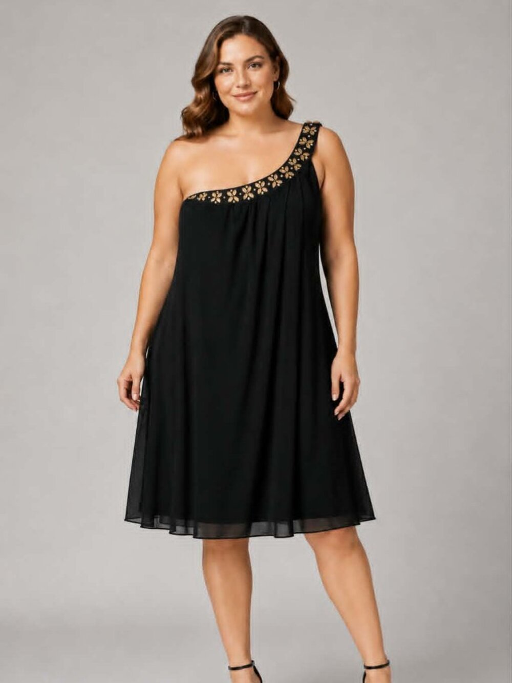 Ever-Pretty Women’s Size 16 Black One Shoulder Chiffon Dress Gold Rhinestone For
